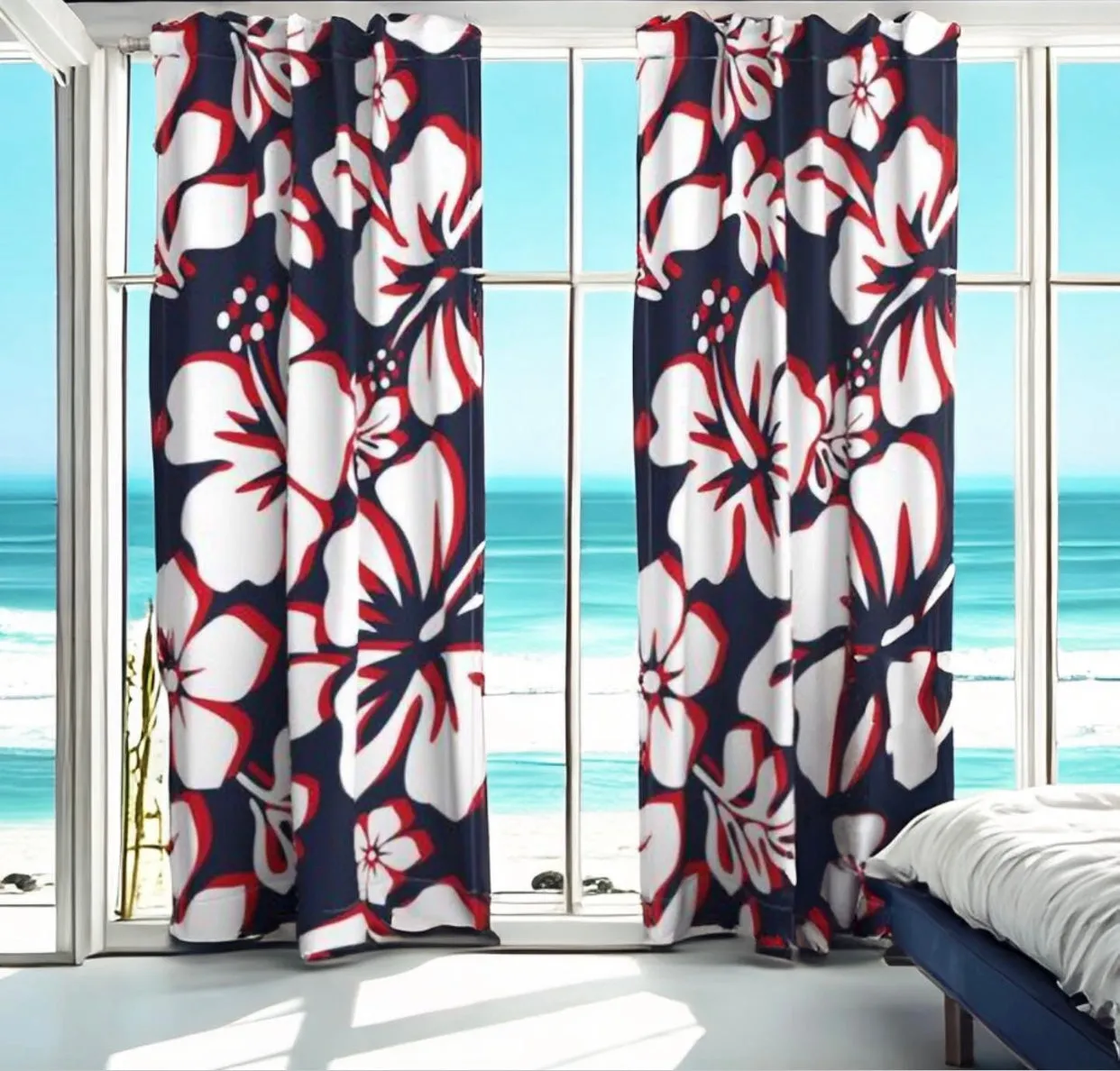 Surfer Red, White and Navy Blue Hawaiian Flowers Sheet Set Surfer Bedding™️ Large Scale