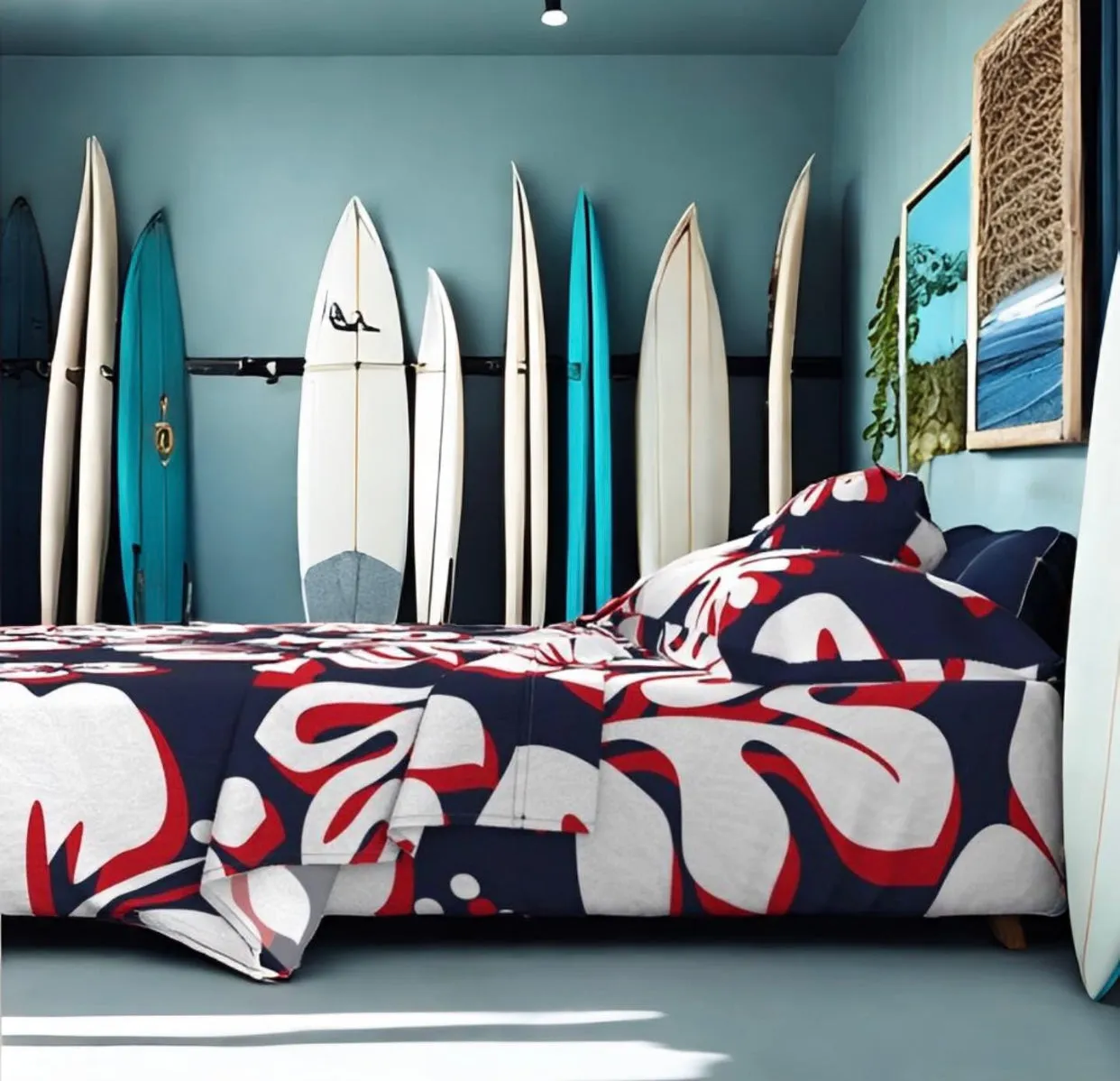 Surfer Red, White and Navy Blue Hawaiian Flowers Sheet Set Surfer Bedding™️ Large Scale