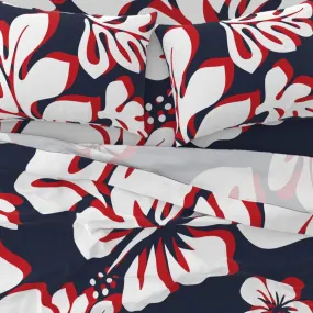 Surfer Red, White and Navy Blue Hawaiian Flowers Sheet Set Surfer Bedding™️ Large Scale