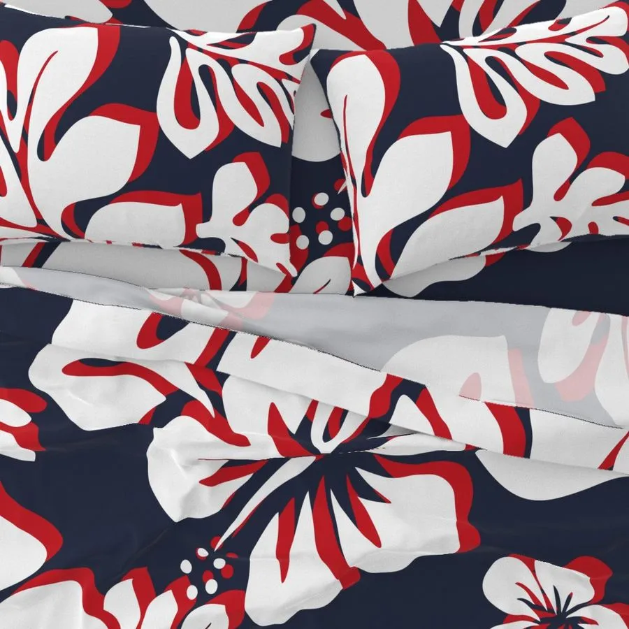 Surfer Red, White and Navy Blue Hawaiian Flowers Sheet Set Surfer Bedding™️ Large Scale