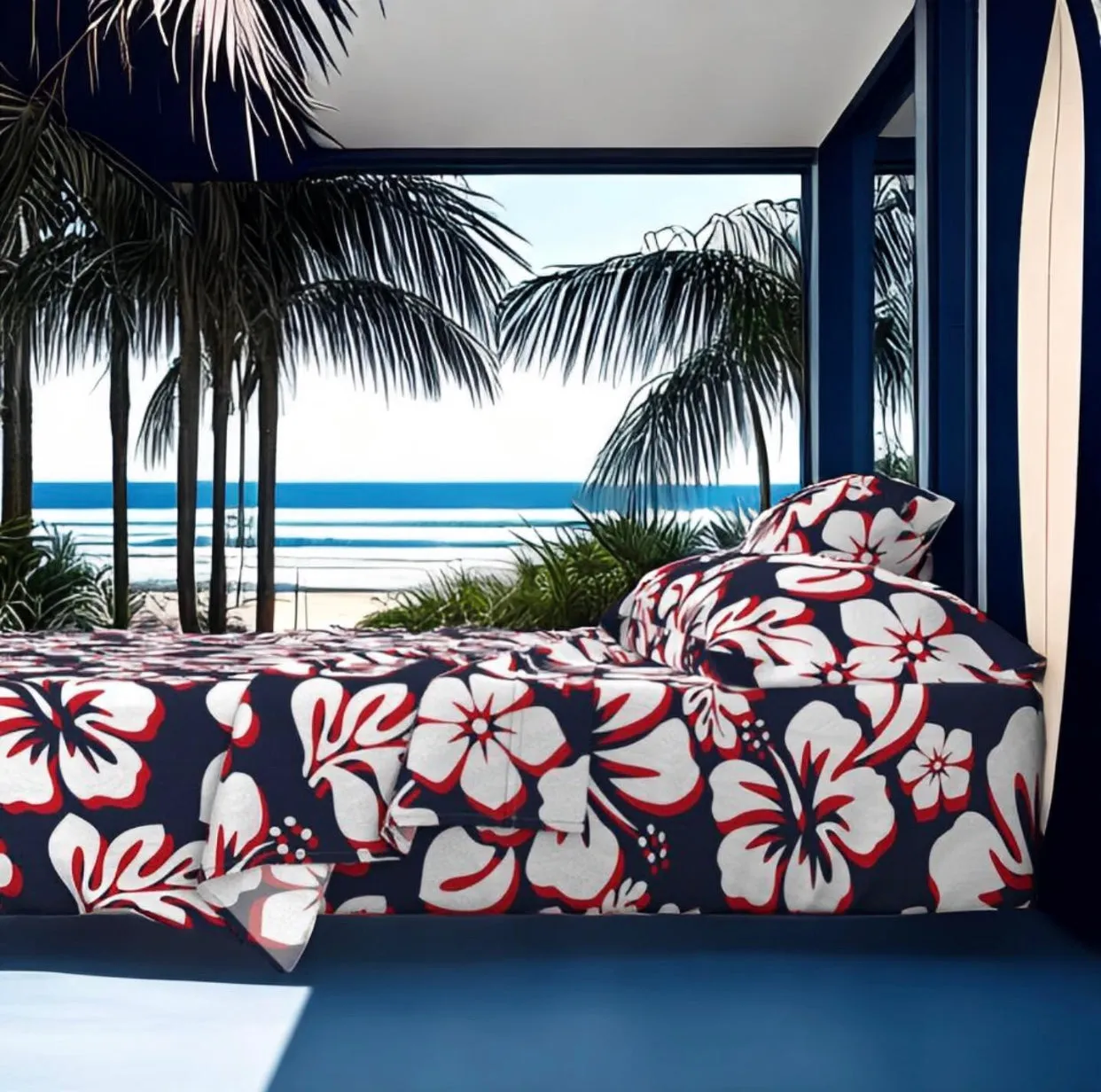 Surfer Red, White and Navy Blue Hawaiian Flowers Sheet Set Surfer Bedding™️ Medium Scale