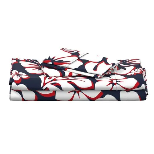 Surfer Red, White and Navy Blue Hawaiian Flowers Sheet Set Surfer Bedding™️ Medium Scale