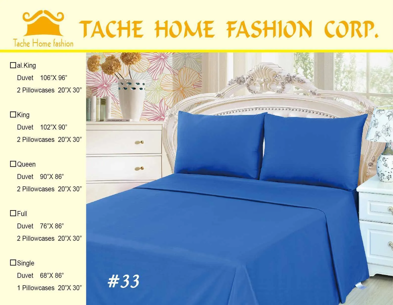 Tache 2-3 Piece 100% Cotton Deep Solid Blue Duvet Cover Set