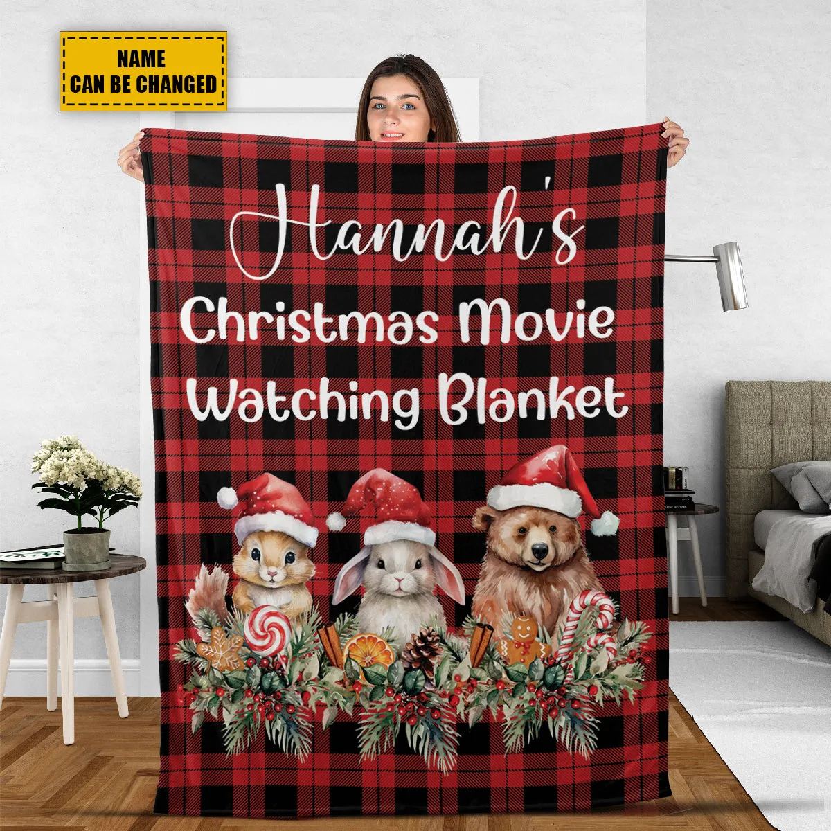 Teesdily | Christmas Woodland Personalized Cute Blanket, Christmas Movie Fleece Blanket, Xmas Plaid Sherpa Blanket, Christmas Custom Gift For Kids