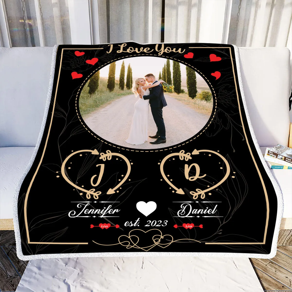 Teesdily | Couple Picture Blanket Personalized Photo I Love You Sherpa Blanket Monogram Customize Blanket Anniversary Gift For Couple Wedding