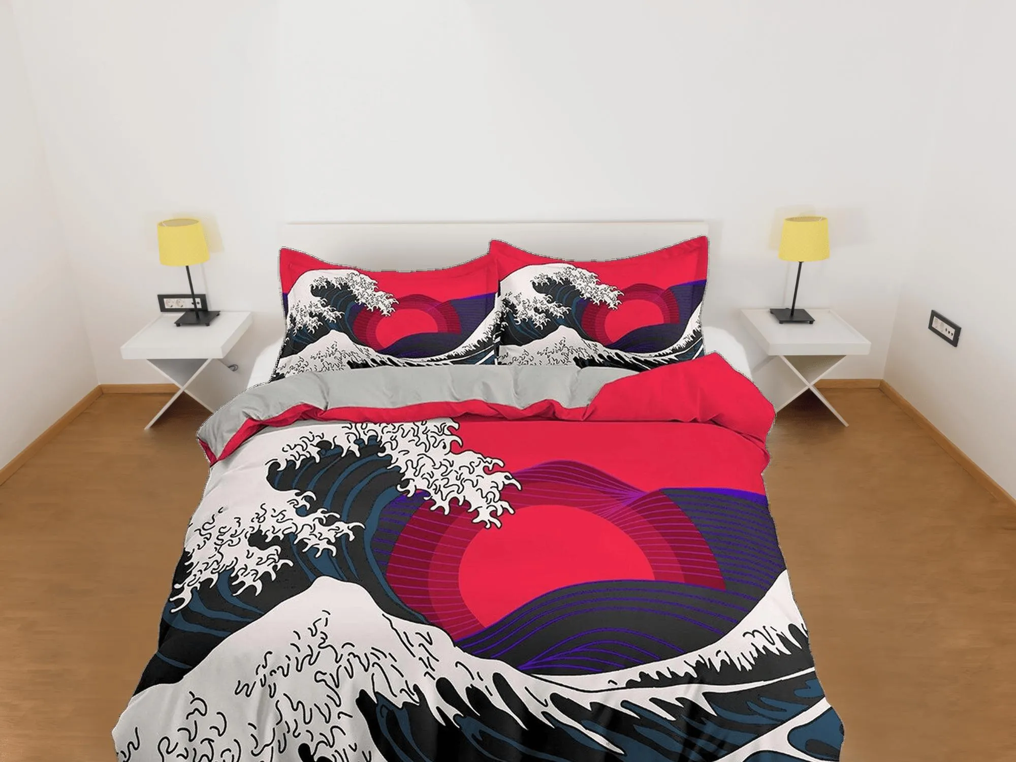 The Great Wave off Kanagawa Bedding, Vaporwave Hippie Bedding, Japanese Duvet Cover Set, Aesthetic Hot Pink Duvet Cover King Queen Full Twin