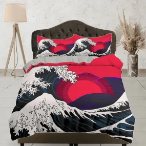 The Great Wave off Kanagawa Bedding, Vaporwave Hippie Bedding, Japanese Duvet Cover Set, Aesthetic Hot Pink Duvet Cover King Queen Full Twin