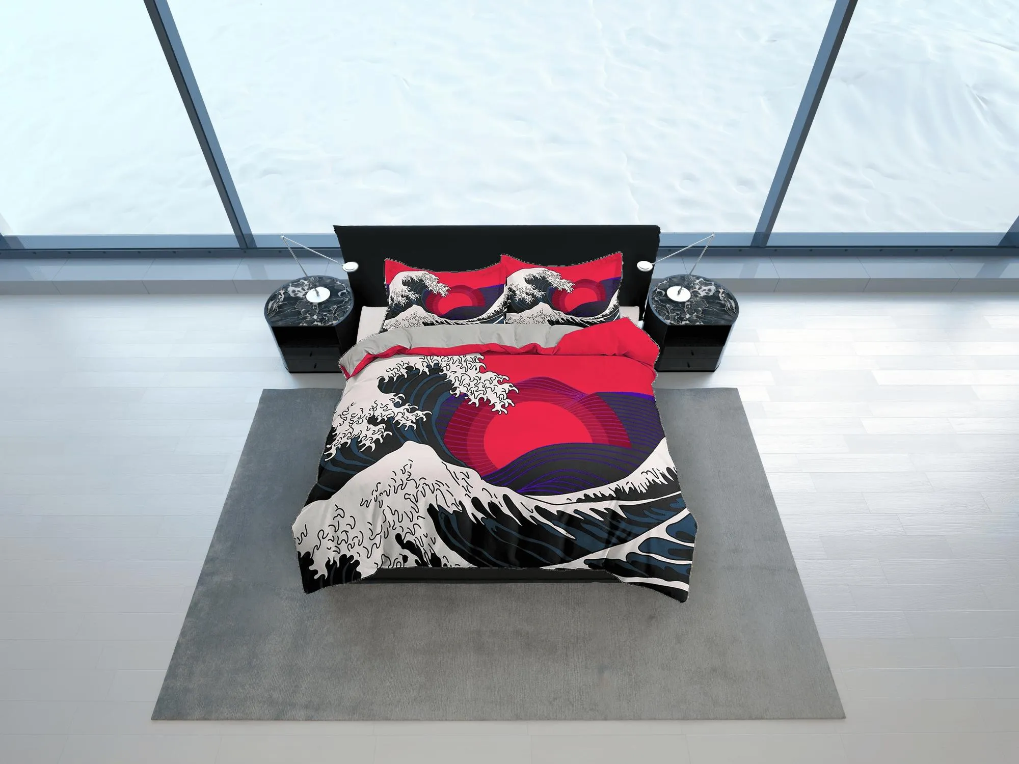 The Great Wave off Kanagawa Bedding, Vaporwave Hippie Bedding, Japanese Duvet Cover Set, Aesthetic Hot Pink Duvet Cover King Queen Full Twin