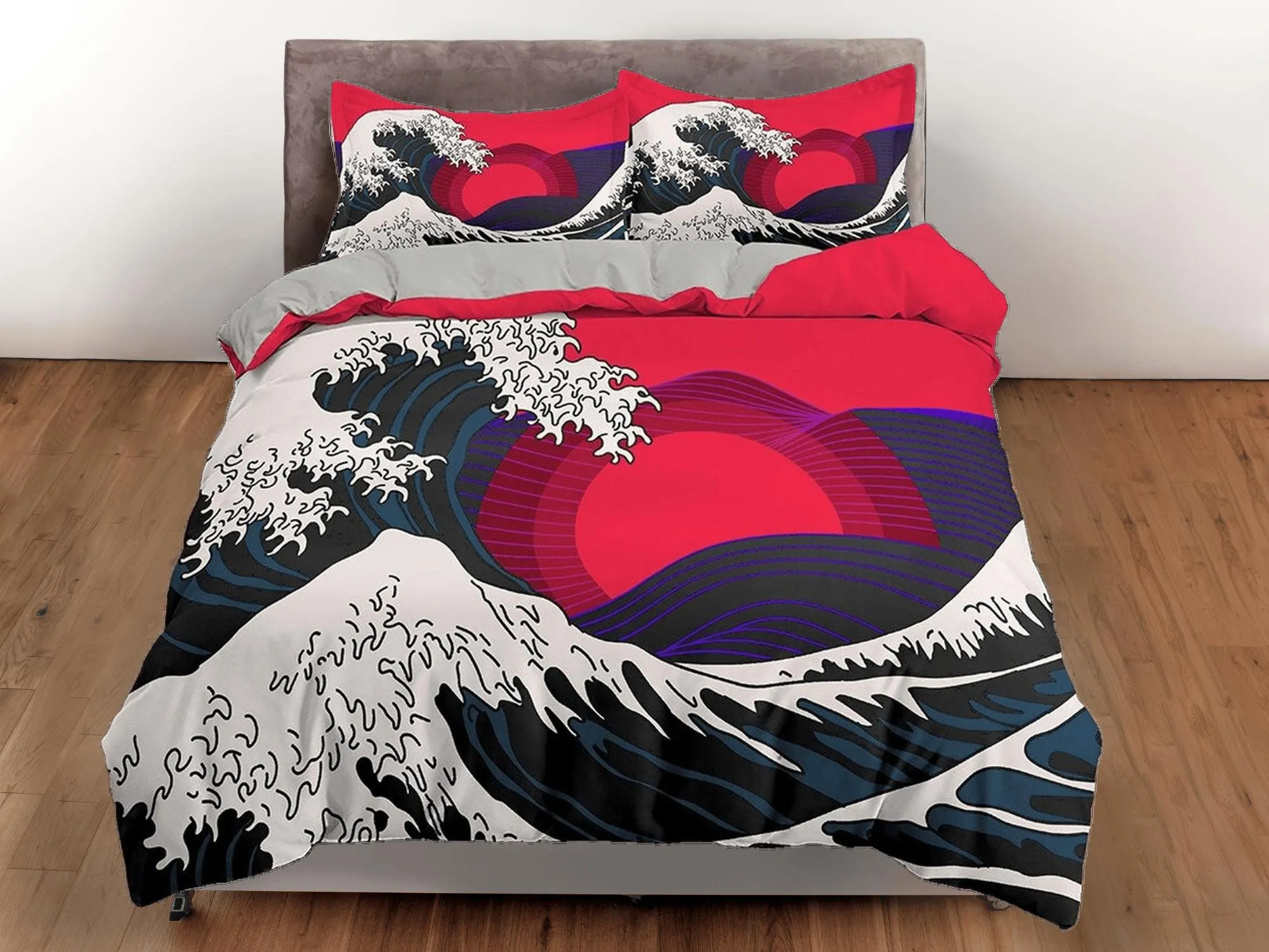 The Great Wave off Kanagawa Bedding, Vaporwave Hippie Bedding, Japanese Duvet Cover Set, Aesthetic Hot Pink Duvet Cover King Queen Full Twin