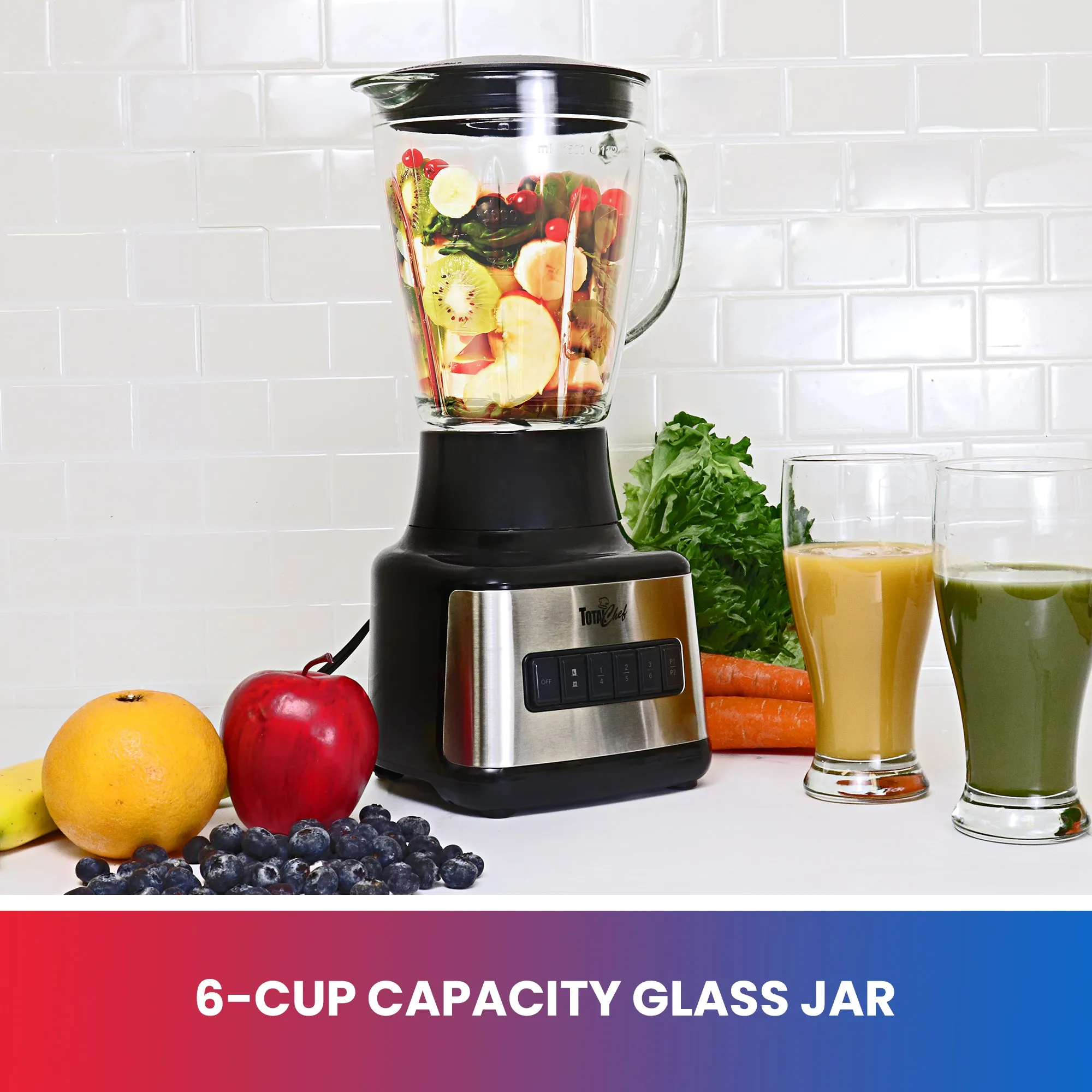 Total Chef 6-Speed Countertop Blender | 6 Cup (1.5L) Glass Jar | 2 Pulse Options | 500W | Stainless Steel Blades | Auto-Clean Function | Puree Crush Blend | Smoothies Shakes Dips | Black & Silver