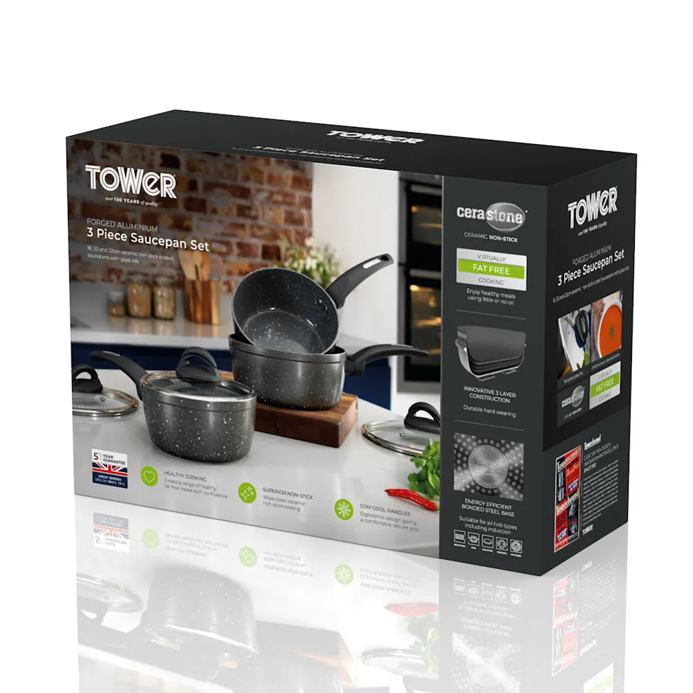 Tower Cerastone 3 Piece Saucepan Set  - Black