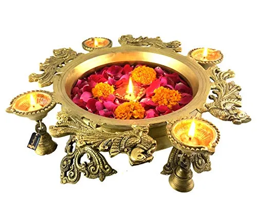 Two Moustaches Brass Peacock Design Urli with 4 Diyas (Yellow_13.5 Inch X 13.5 Inch X 6 Inch )