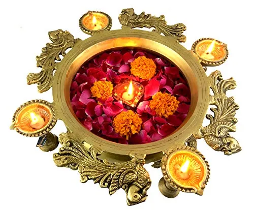 Two Moustaches Brass Peacock Design Urli with 4 Diyas (Yellow_13.5 Inch X 13.5 Inch X 6 Inch )