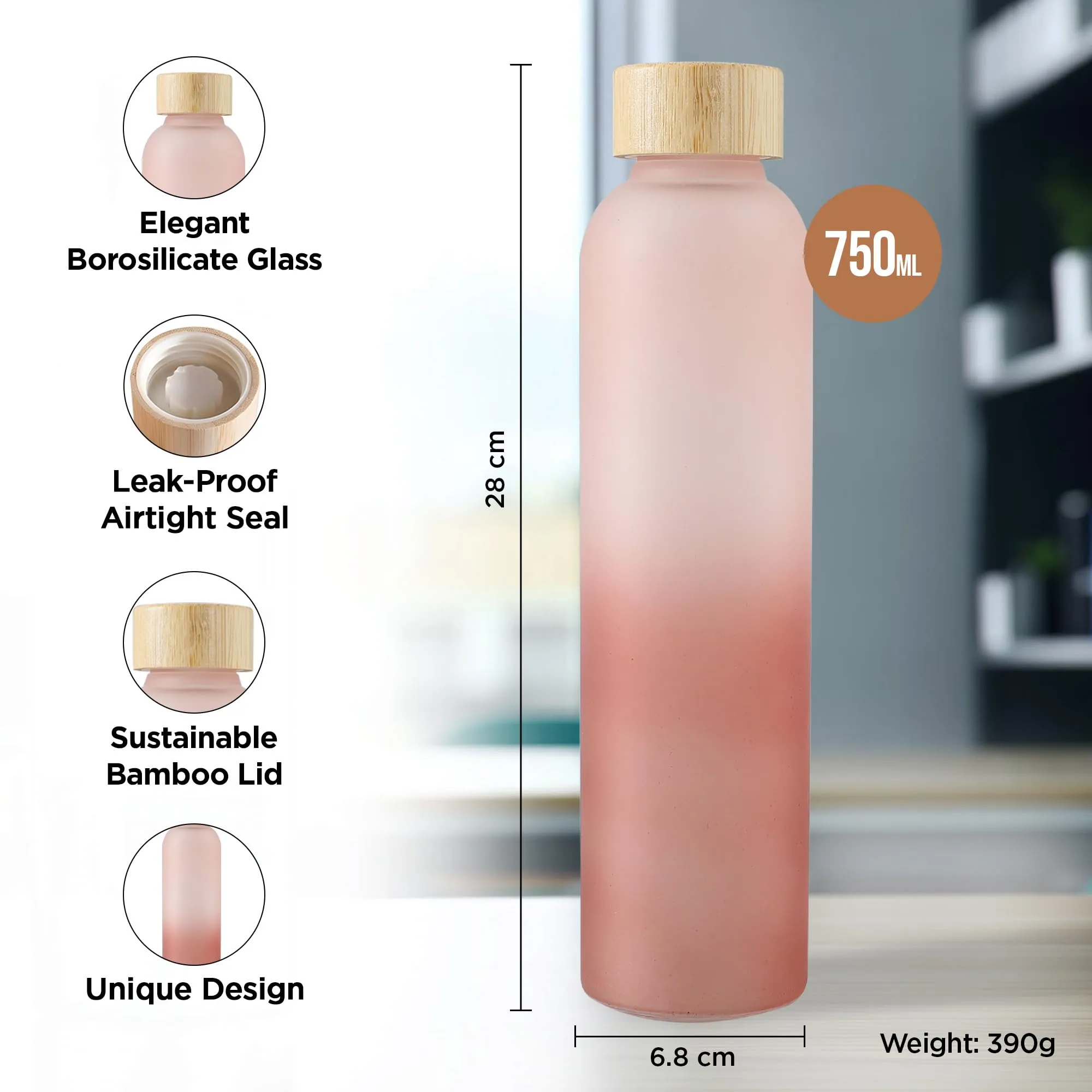 UMAI Water Bottle | Borosilicate Glass | Gradient Water Bottle With Bamboo Lid For Home Office & Travel Use | Leak Proof | 750ml | Glass Water Bottle For Fridge | Blue-Pink (Light Pink- Dark Pink)