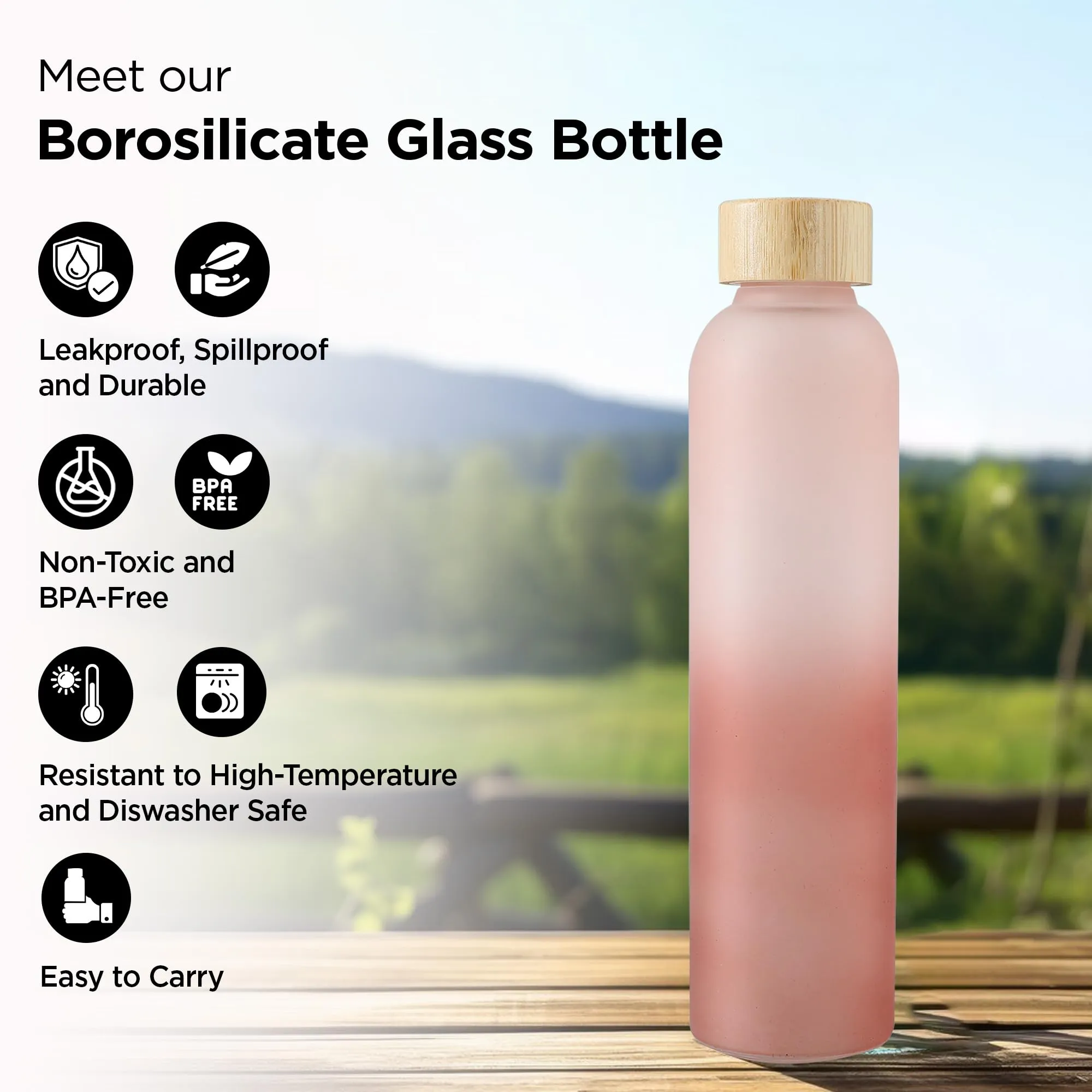 UMAI Water Bottle | Borosilicate Glass | Gradient Water Bottle With Bamboo Lid For Home Office & Travel Use | Leak Proof | 750ml | Glass Water Bottle For Fridge | Blue-Pink (Light Pink- Dark Pink)