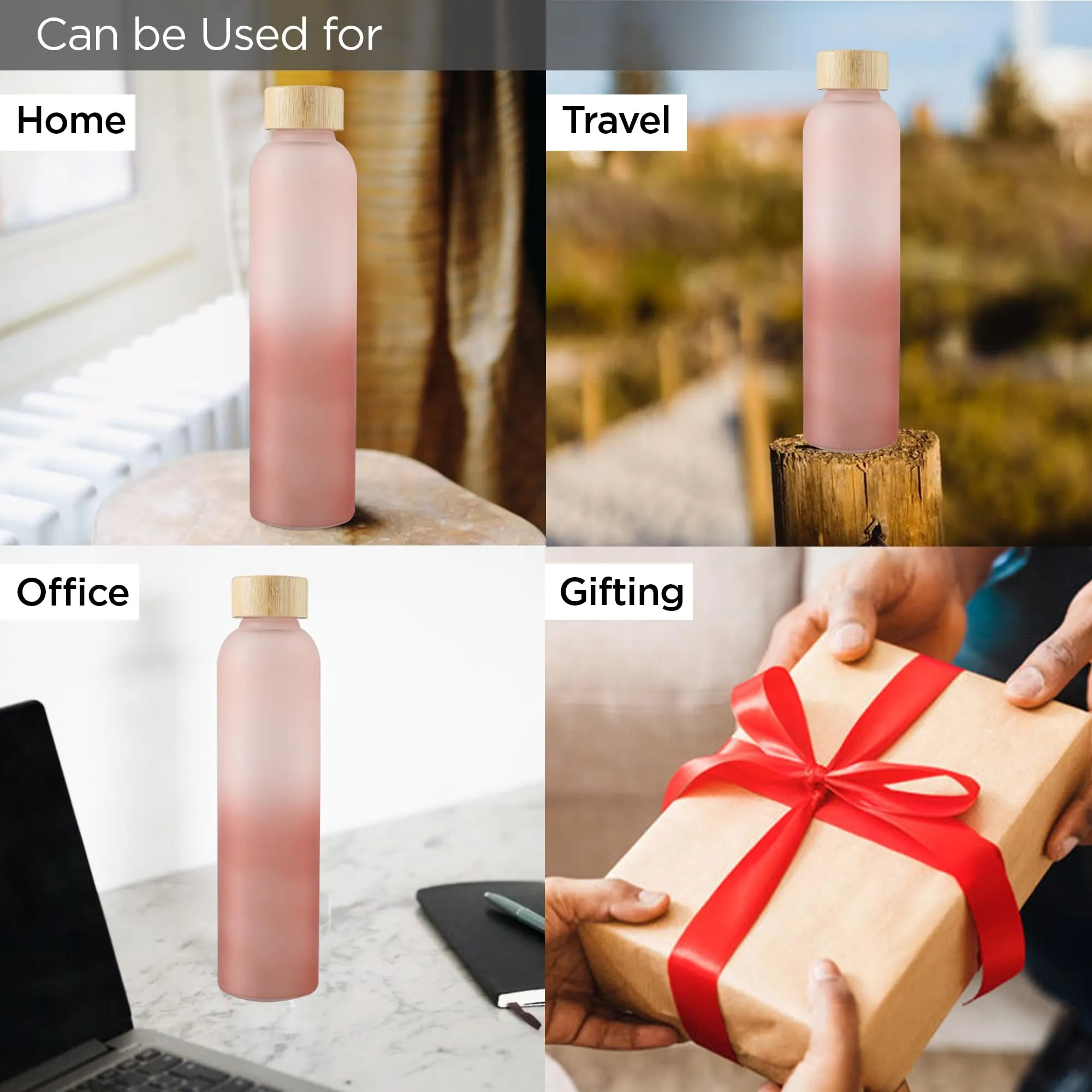 UMAI Water Bottle | Borosilicate Glass | Gradient Water Bottle With Bamboo Lid For Home Office & Travel Use | Leak Proof | 750ml | Glass Water Bottle For Fridge | Blue-Pink (Light Pink- Dark Pink)