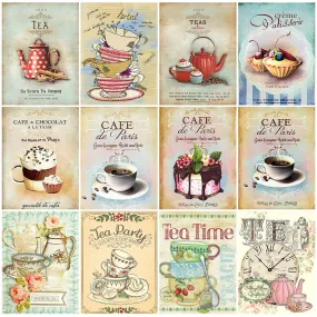 Vintage Coffee Cup and Cake Canvas Painting: Posters and Prints for Kitchen and Dining Decor