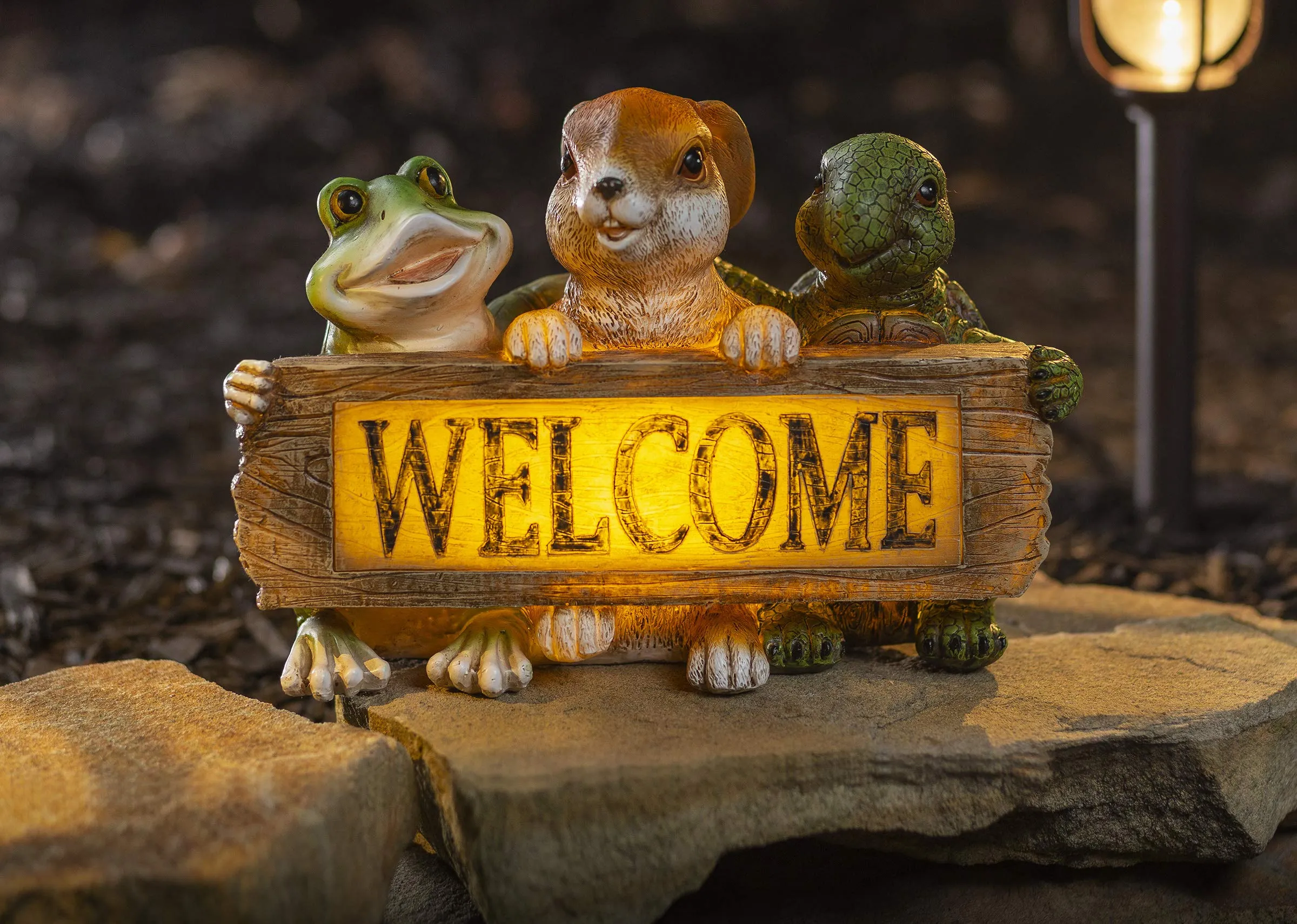 VP Home Backyard Friends Welcome Sign Frog Rabbit Turtle Solar Powered LED Outdoor Decor