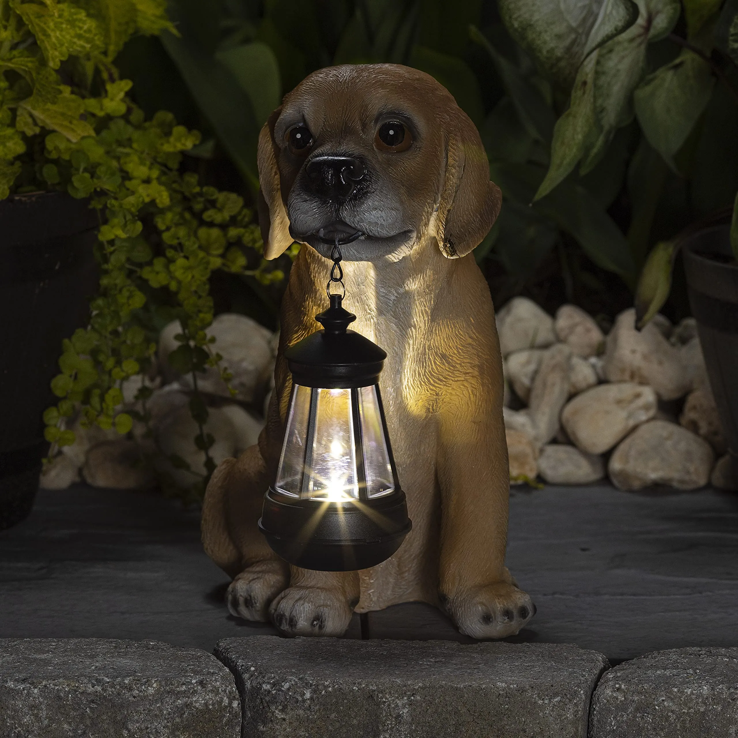 VP Home Golden Puppy with Lantern Solar Powered LED Outdoor Decor Garden