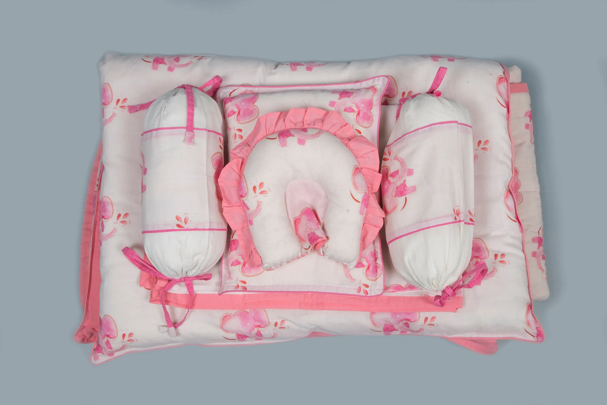 White And Pink Baby Elephant Printed Baby Bedding Set Of 7 Pcs