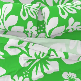 White Hawaiian Flowers on Bright Lime Green Sheet Set from Surfer Bedding™️ Large Scale