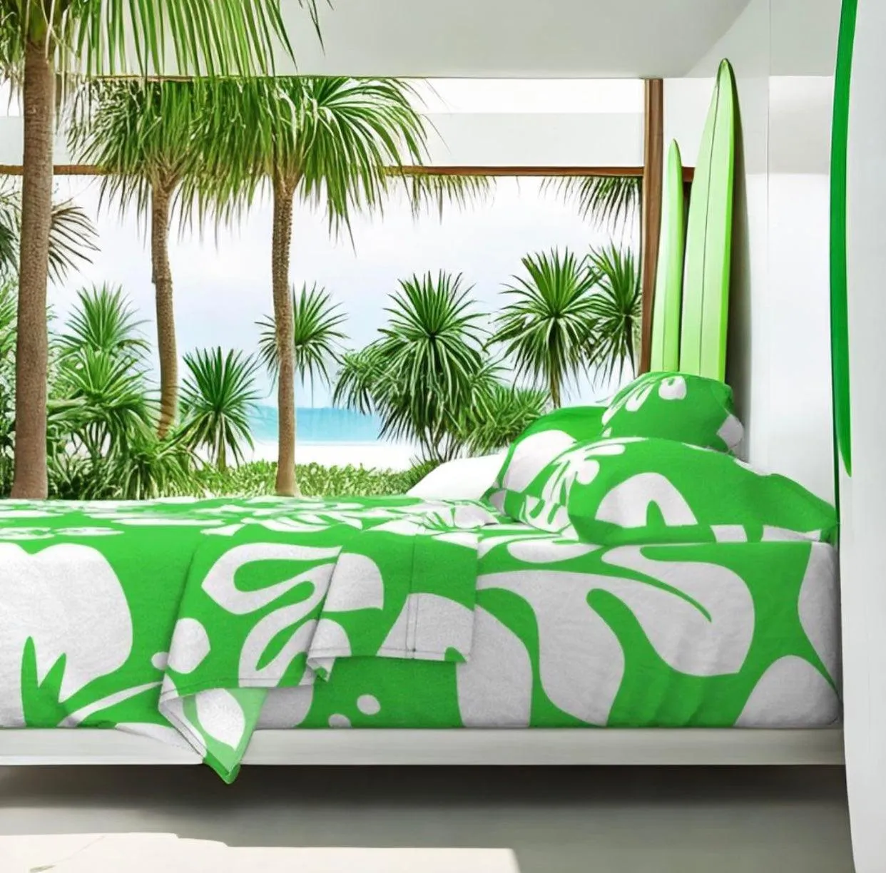 White Hawaiian Flowers on Bright Lime Green Sheet Set from Surfer Bedding™️ Large Scale