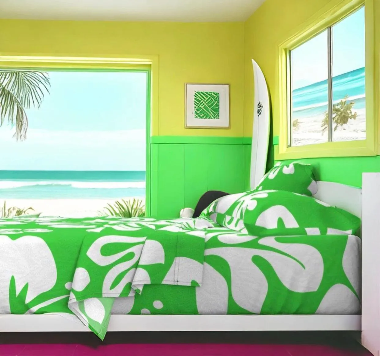 White Hawaiian Flowers on Bright Lime Green Sheet Set from Surfer Bedding™️ Large Scale