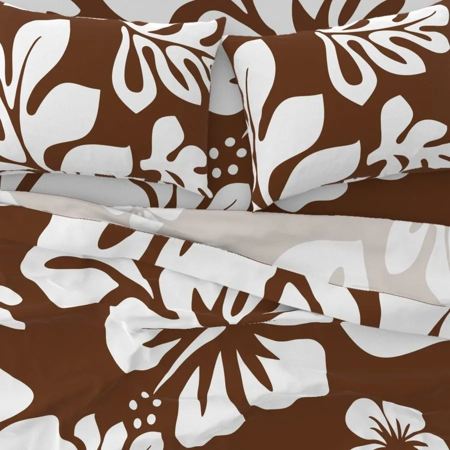 White Hawaiian Flowers on Chocolate Brown Sheet Set from Surfer Bedding™️ Large Scale