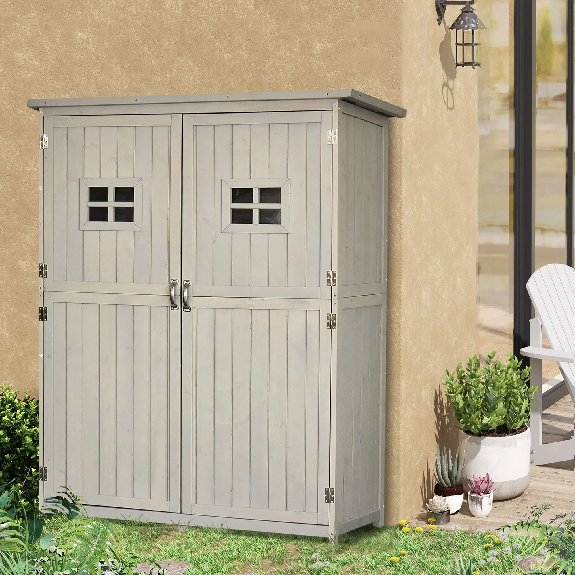 Wooden Garden Shed Tool Storage Wooden Garden Shed w/ Two Windows, Tool Storage Cabinet, 127.5L x 50W x 164H cm, Grey