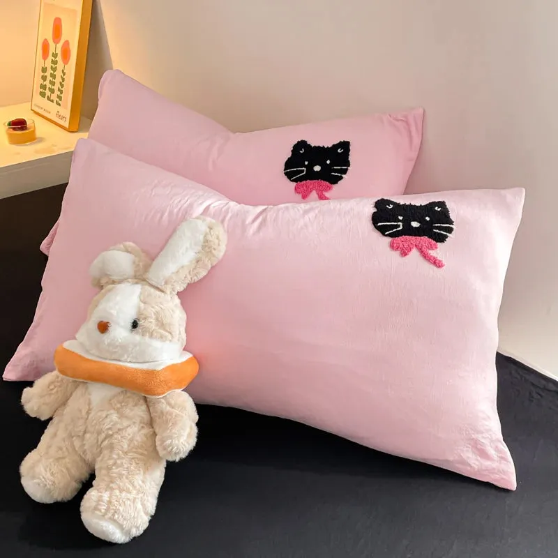 Yeknu Korean Style Pink Bedding Set Black Cat Embroidery Washed Cotton  Duvet Cover Cute Cardboard  Bed linen Comforter Sets