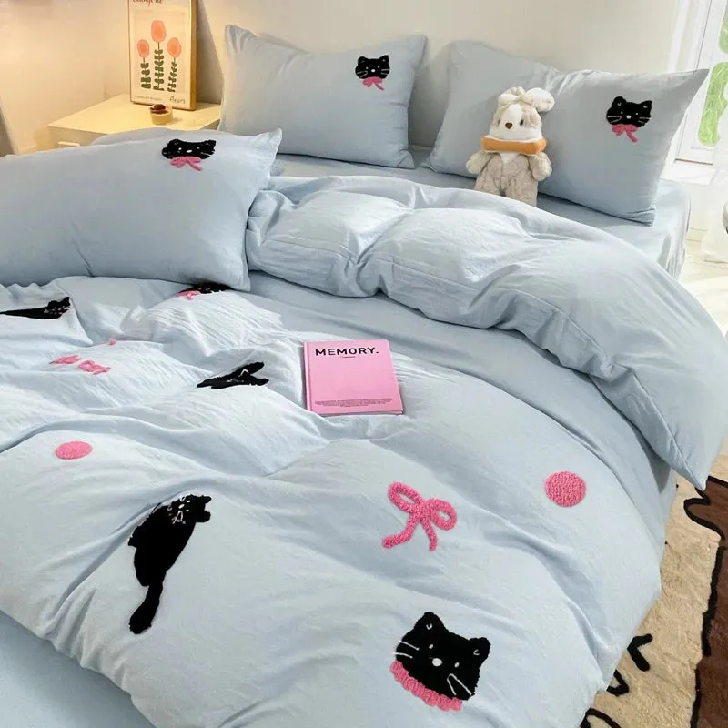 Yeknu Korean Style Pink Bedding Set Black Cat Embroidery Washed Cotton  Duvet Cover Cute Cardboard  Bed linen Comforter Sets