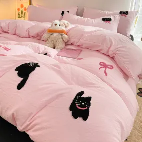 Yeknu Korean Style Pink Bedding Set Black Cat Embroidery Washed Cotton  Duvet Cover Cute Cardboard  Bed linen Comforter Sets