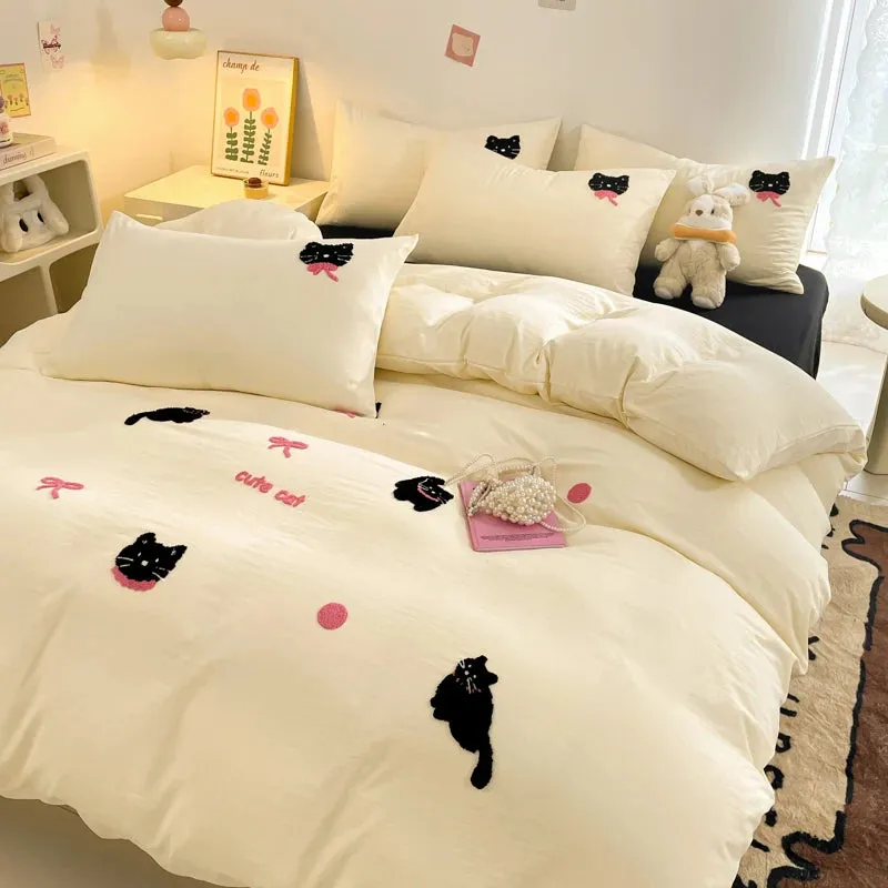 Yeknu Korean Style Pink Bedding Set Black Cat Embroidery Washed Cotton  Duvet Cover Cute Cardboard  Bed linen Comforter Sets