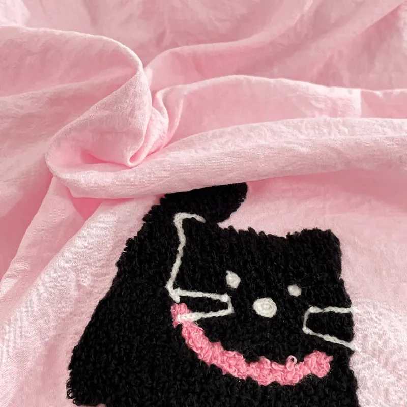 Yeknu Korean Style Pink Bedding Set Black Cat Embroidery Washed Cotton  Duvet Cover Cute Cardboard  Bed linen Comforter Sets