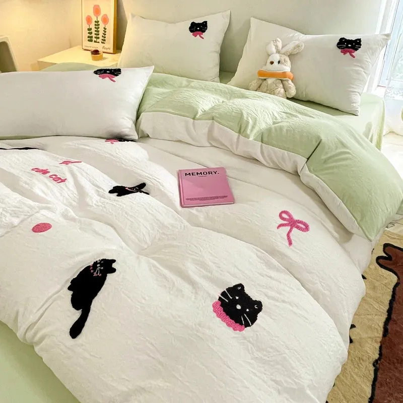 Yeknu Korean Style Pink Bedding Set Black Cat Embroidery Washed Cotton  Duvet Cover Cute Cardboard  Bed linen Comforter Sets