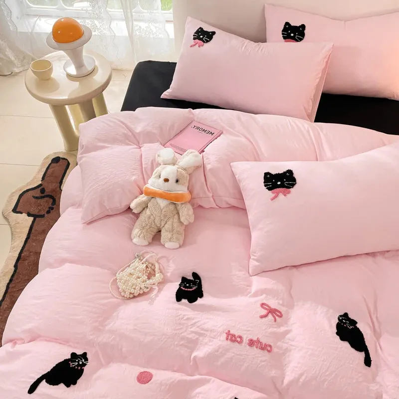 Yeknu Korean Style Pink Bedding Set Black Cat Embroidery Washed Cotton  Duvet Cover Cute Cardboard  Bed linen Comforter Sets