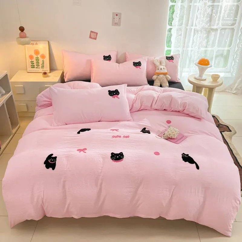 Yeknu Korean Style Pink Bedding Set Black Cat Embroidery Washed Cotton  Duvet Cover Cute Cardboard  Bed linen Comforter Sets