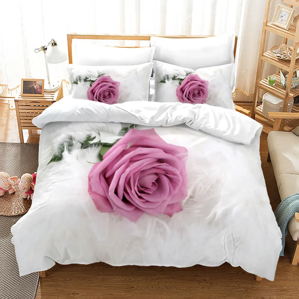 Yeknu Rose Duvet Cover Set Full/Queen/King/Twin Size Soft Luxury 3D Rose Flower Microfiber Bedding Set 3Pcs Romantic Love Quilt Cover