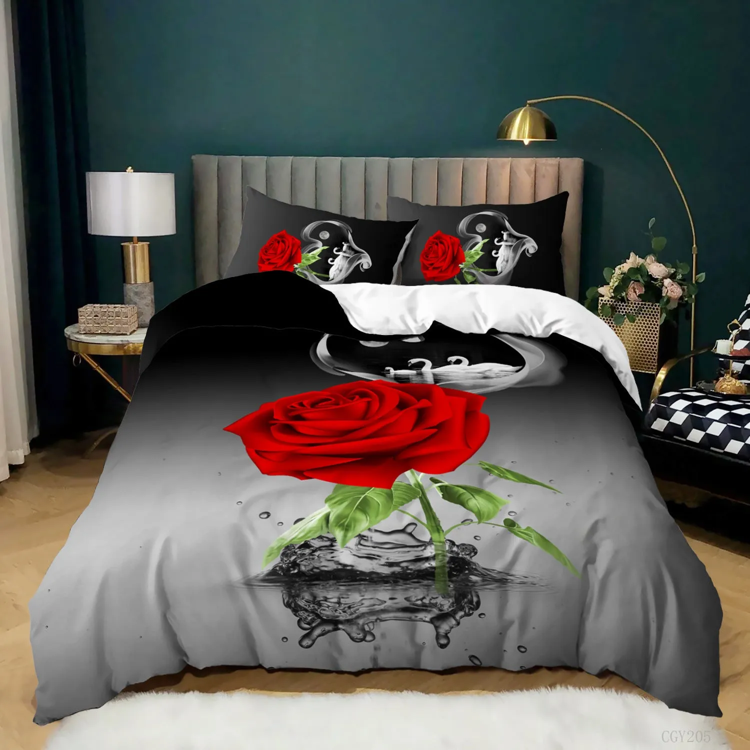 Yeknu Rose Duvet Cover Set Full/Queen/King/Twin Size Soft Luxury 3D Rose Flower Microfiber Bedding Set 3Pcs Romantic Love Quilt Cover