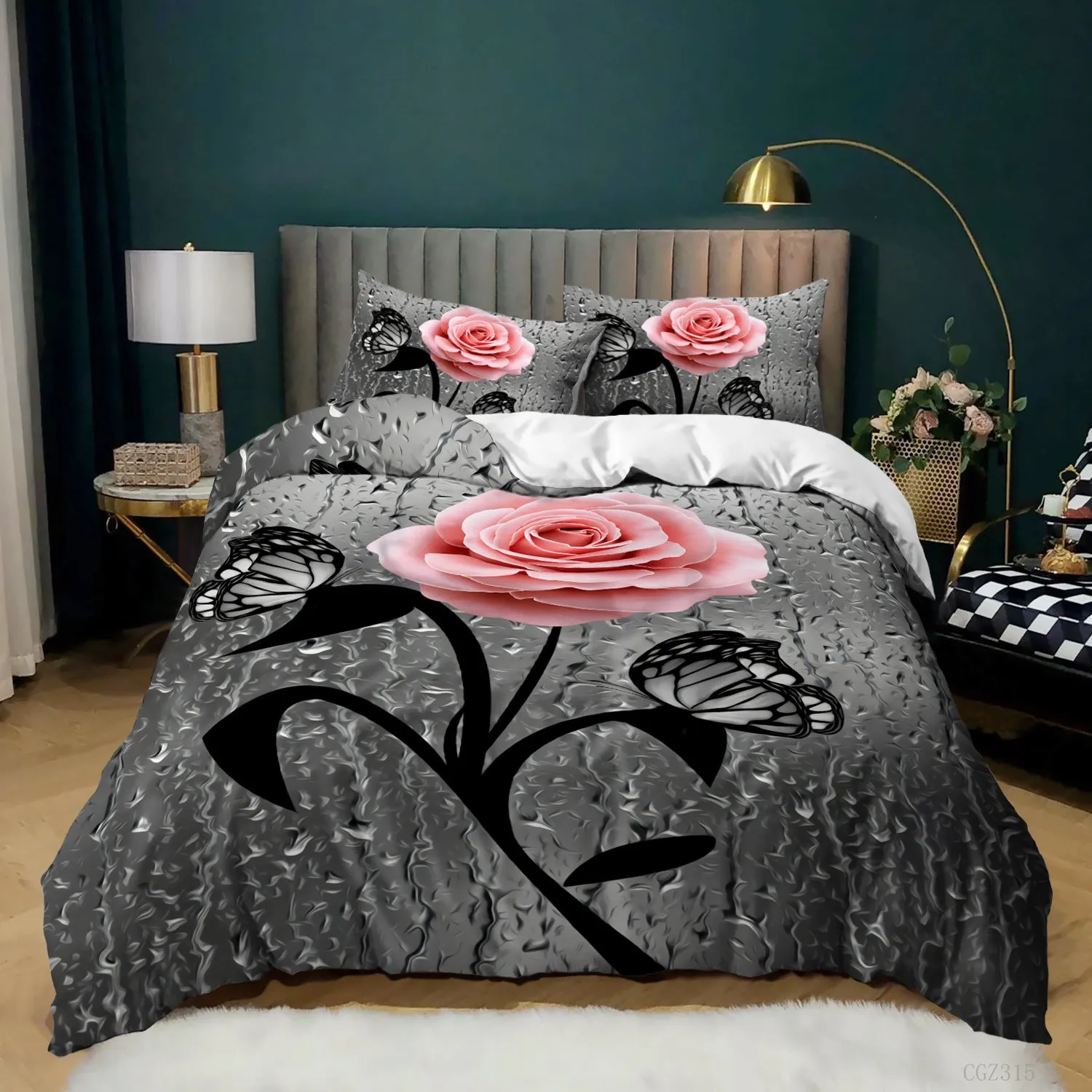 Yeknu Rose Duvet Cover Set Full/Queen/King/Twin Size Soft Luxury 3D Rose Flower Microfiber Bedding Set 3Pcs Romantic Love Quilt Cover