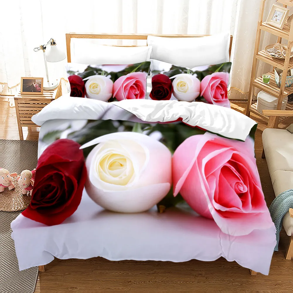 Yeknu Rose Duvet Cover Set Full/Queen/King/Twin Size Soft Luxury 3D Rose Flower Microfiber Bedding Set 3Pcs Romantic Love Quilt Cover