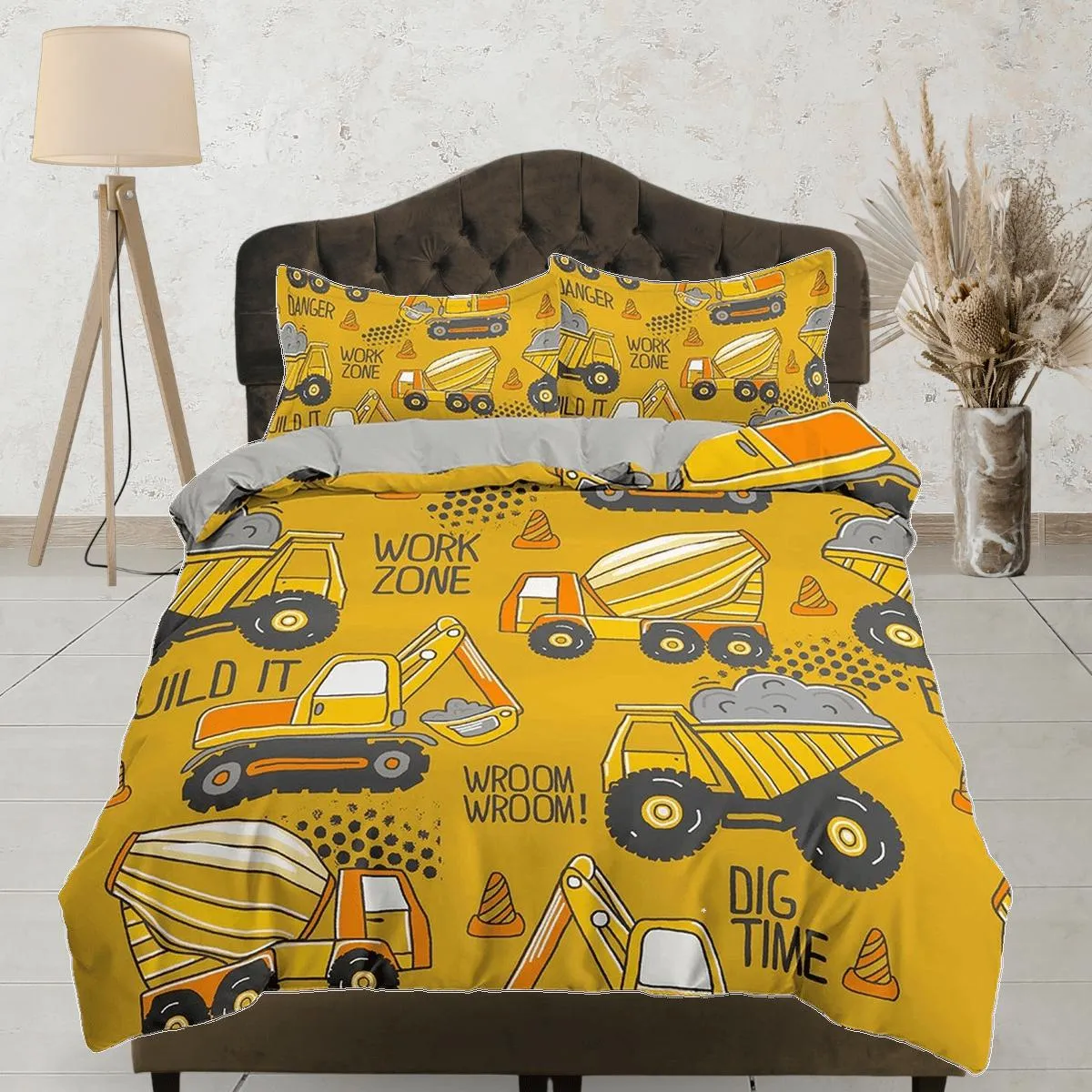 Yellow Bulldozers Bedding, Duvet Cover Set & Pillowcase, Zipper Bedding, Dorm Bedding, Teens Adult Duvet King Queen Full Twin Single