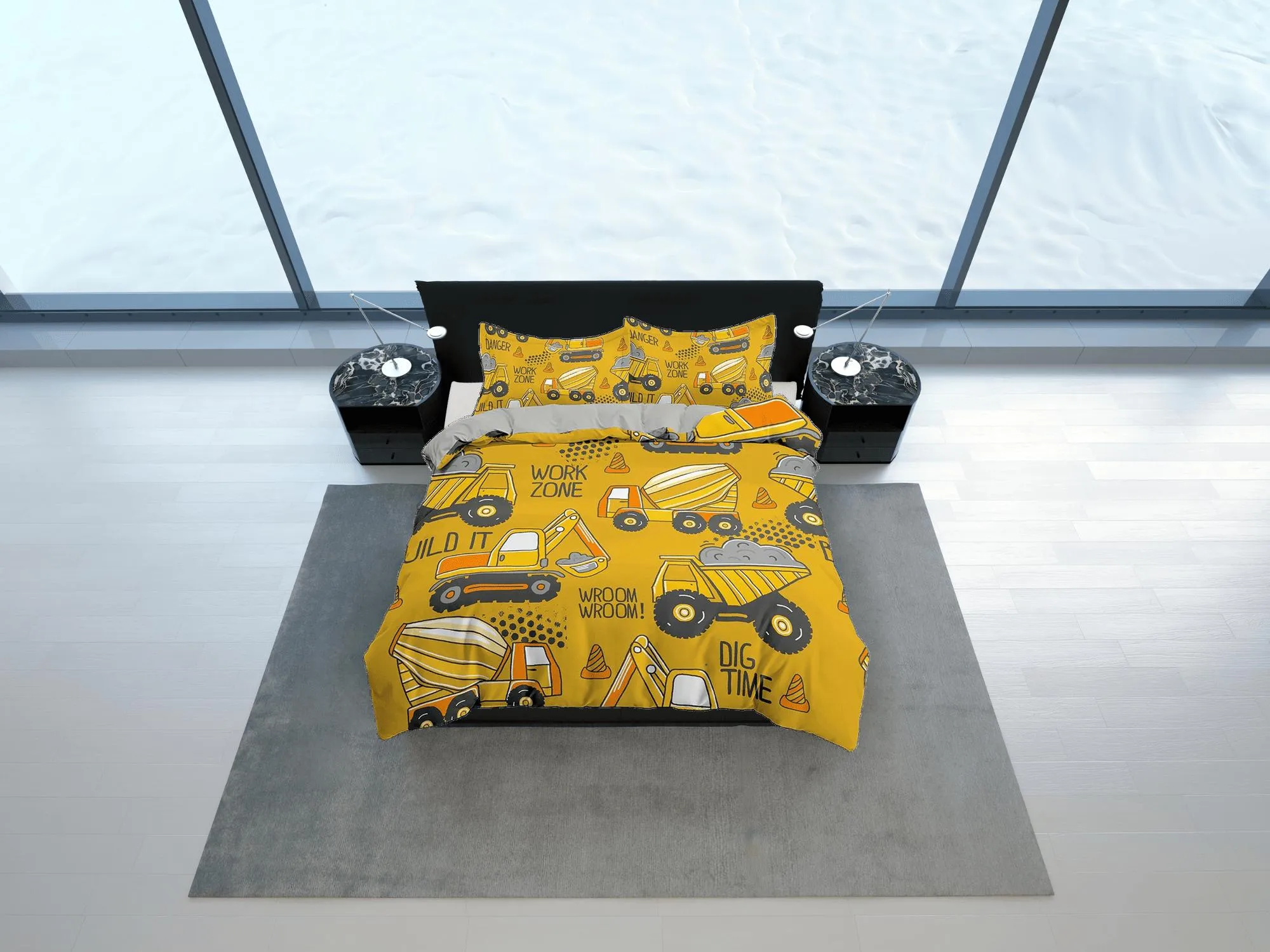 Yellow Bulldozers Bedding, Duvet Cover Set & Pillowcase, Zipper Bedding, Dorm Bedding, Teens Adult Duvet King Queen Full Twin Single