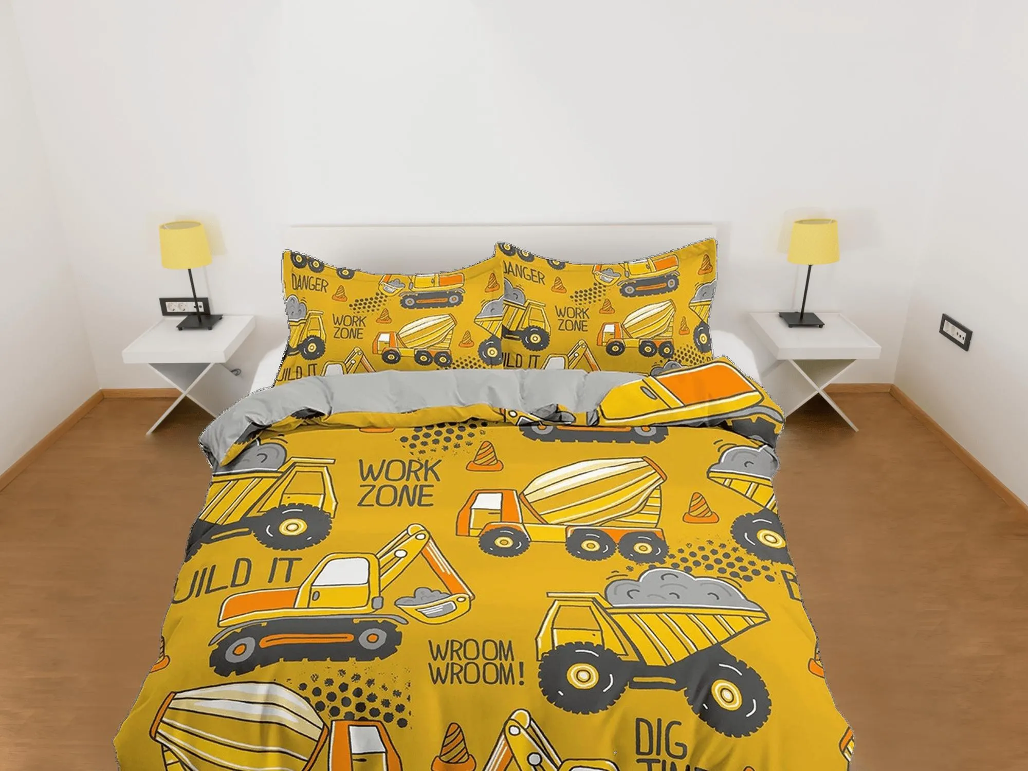 Yellow Bulldozers Bedding, Duvet Cover Set & Pillowcase, Zipper Bedding, Dorm Bedding, Teens Adult Duvet King Queen Full Twin Single