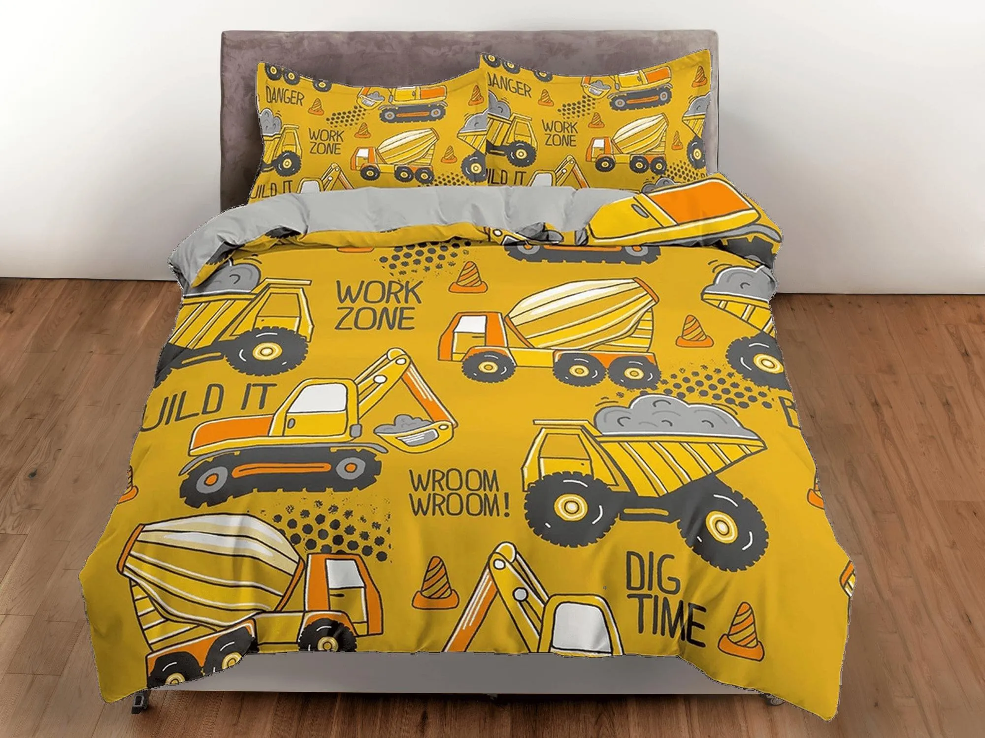 Yellow Bulldozers Bedding, Duvet Cover Set & Pillowcase, Zipper Bedding, Dorm Bedding, Teens Adult Duvet King Queen Full Twin Single