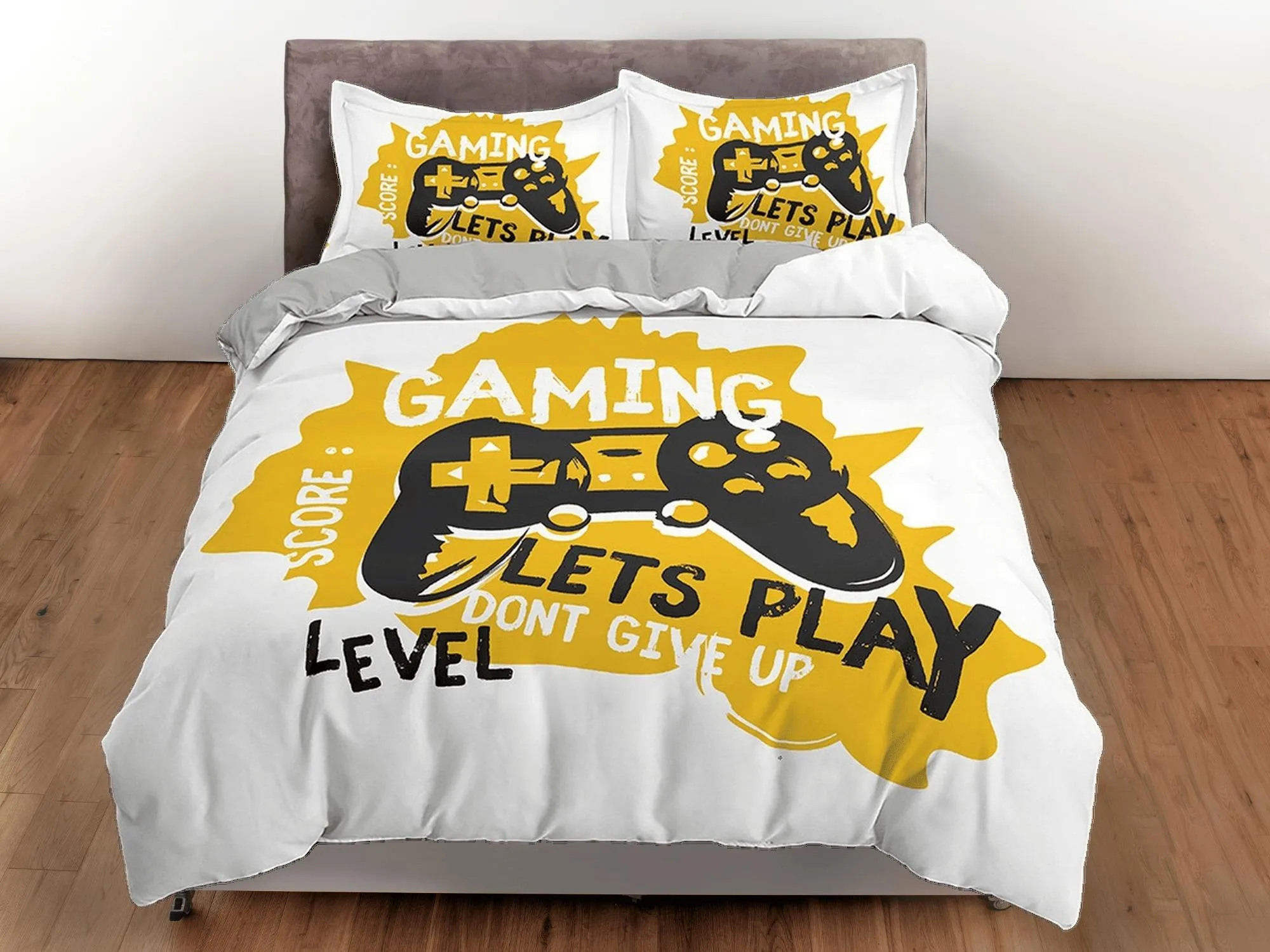 Yellow gamer bedding duvet cover, video gamer boyfriend gift bedding set full king queen twin, boys bedroom, college dorm bedding