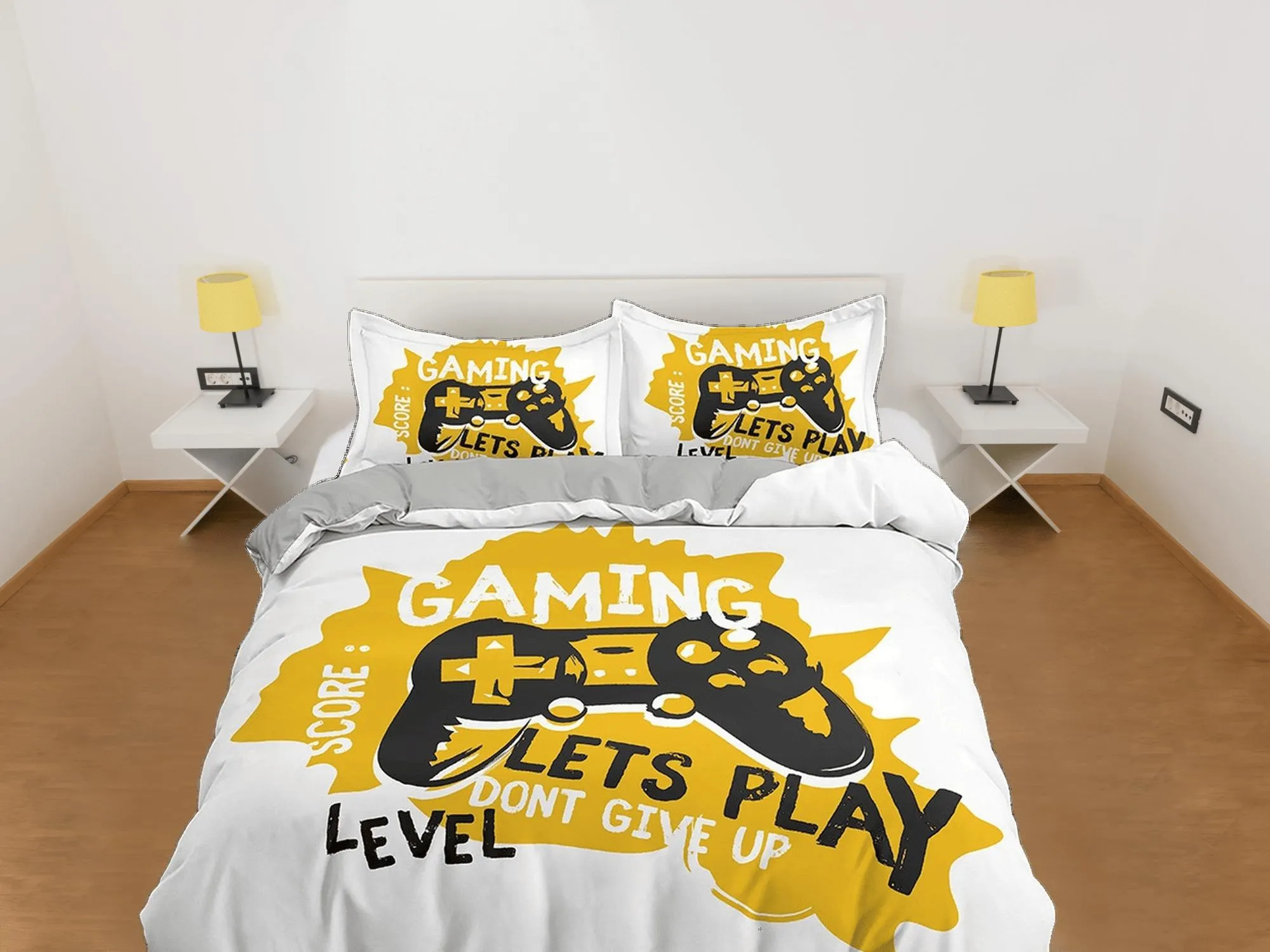 Yellow gamer bedding duvet cover, video gamer boyfriend gift bedding set full king queen twin, boys bedroom, college dorm bedding