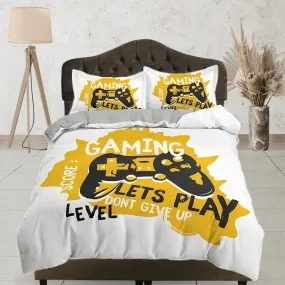 Yellow gamer bedding duvet cover, video gamer boyfriend gift bedding set full king queen twin, boys bedroom, college dorm bedding